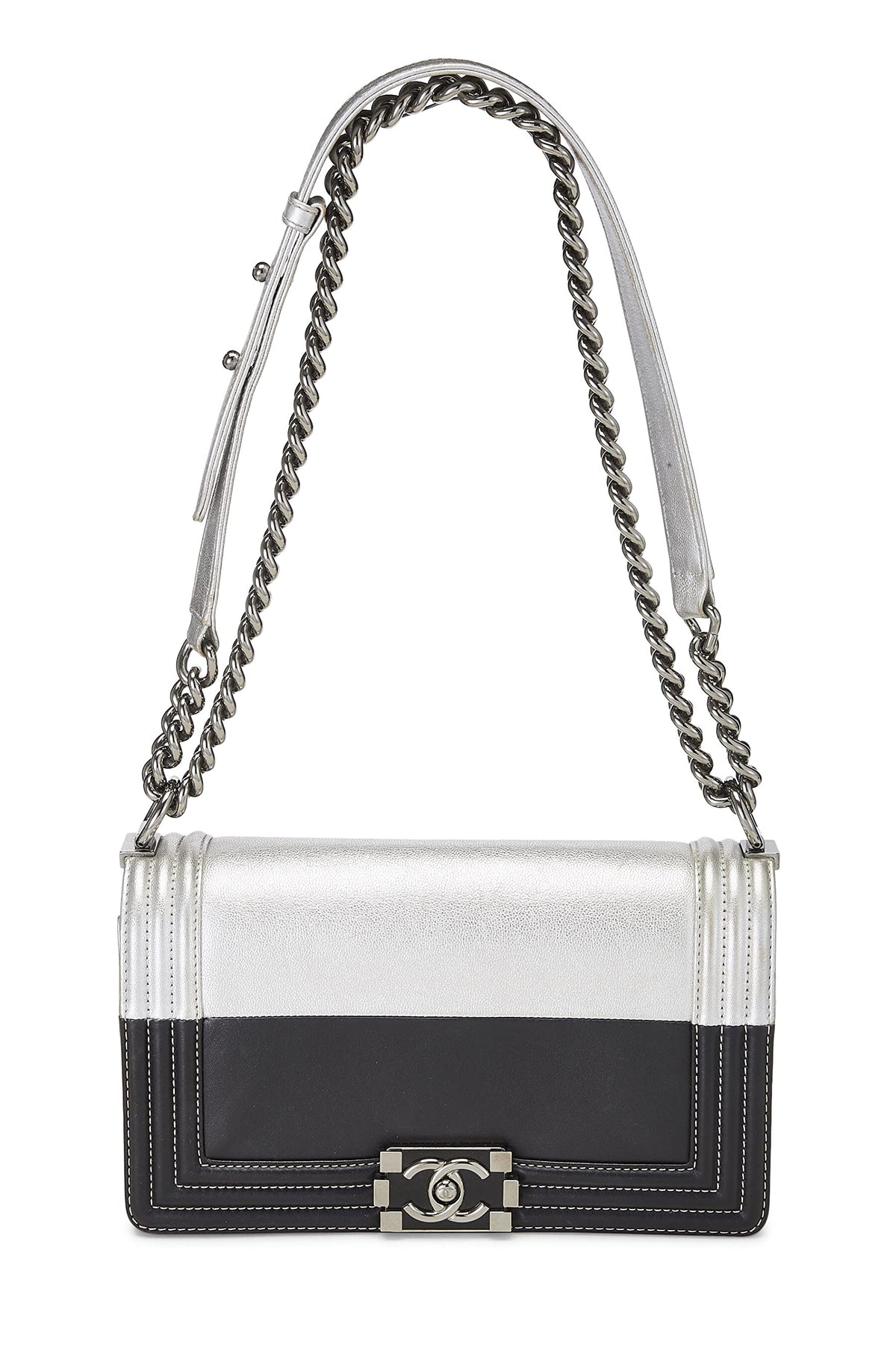 Chanel, Black & Metallic Silver Bi-Color Calfskin Boy Bag Medium, Multi