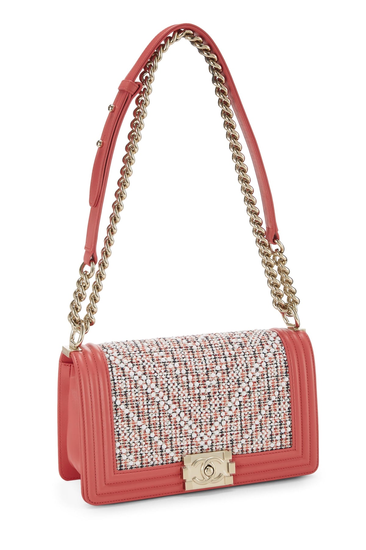 Chanel, Pink & Multicolor Tweed Chevron Pearl Boy Bag Medium, Pink