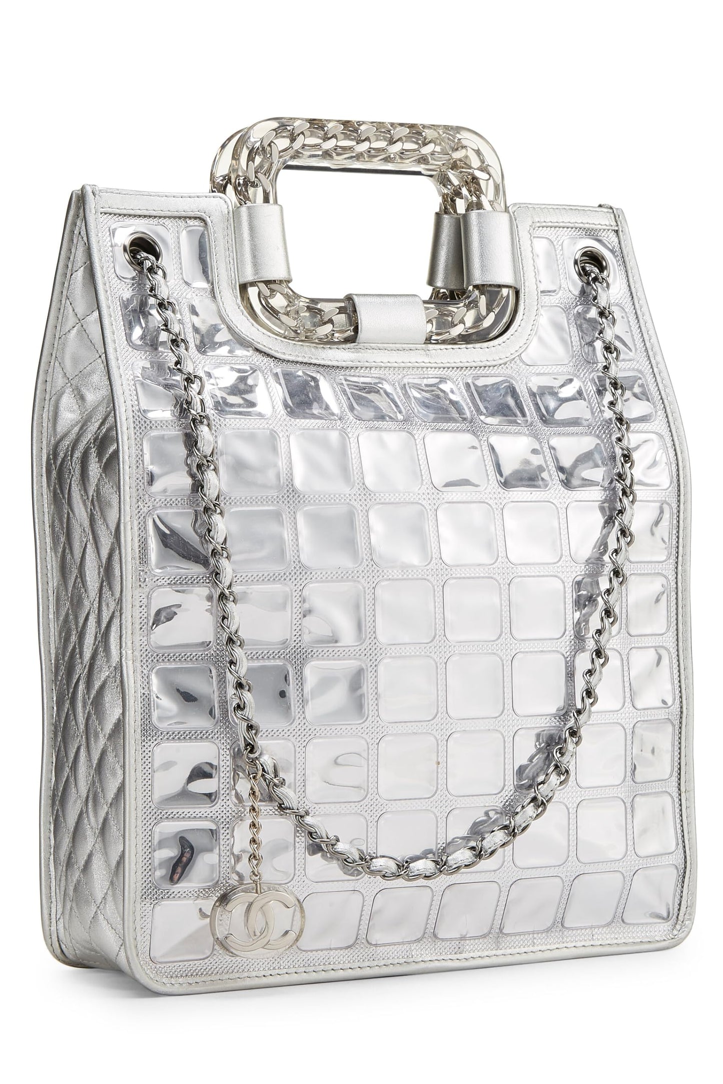 Chanel, Metallic Silver Quilted Leather Ice Cube Shopping Tote, Silver