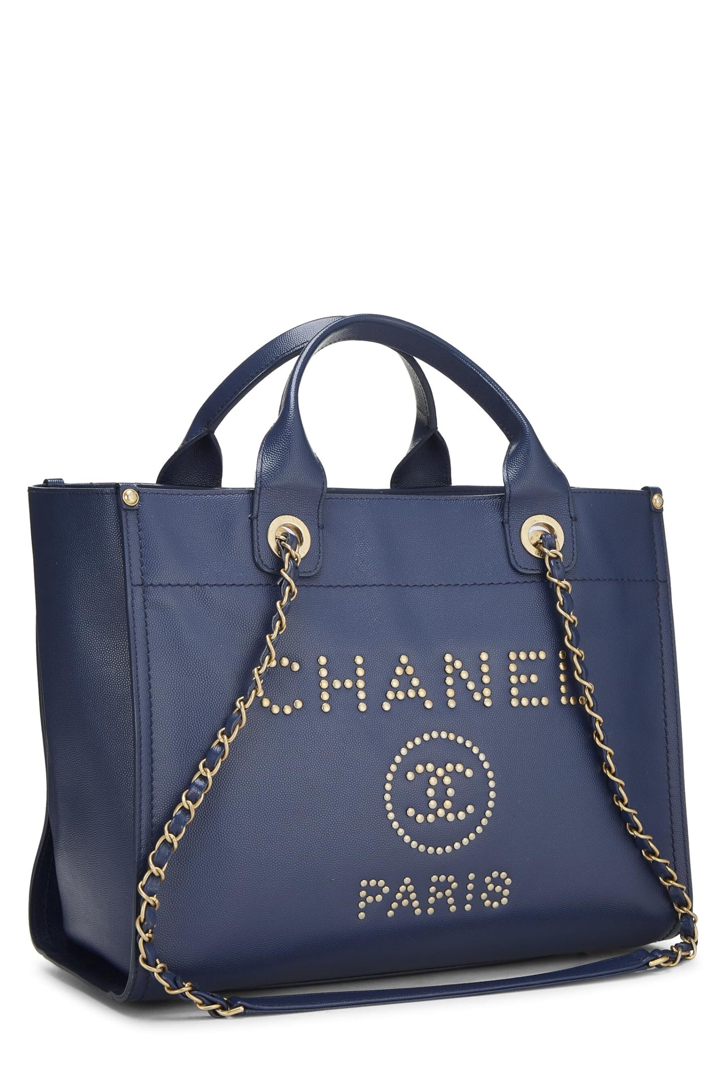 Chanel, Blue Caviar Studded Deauville Shopping Tote Medium, Blue