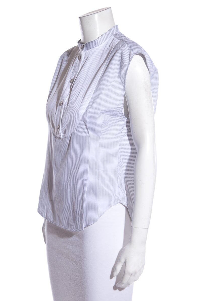 Chanel Gray & White Pinstripe Bib Blouse SZ 38