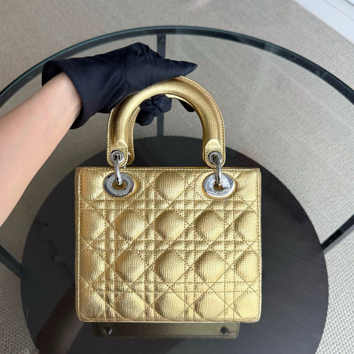 Dior Lady Small - Cannage Metallic Calfskin Gold Silver Hardware