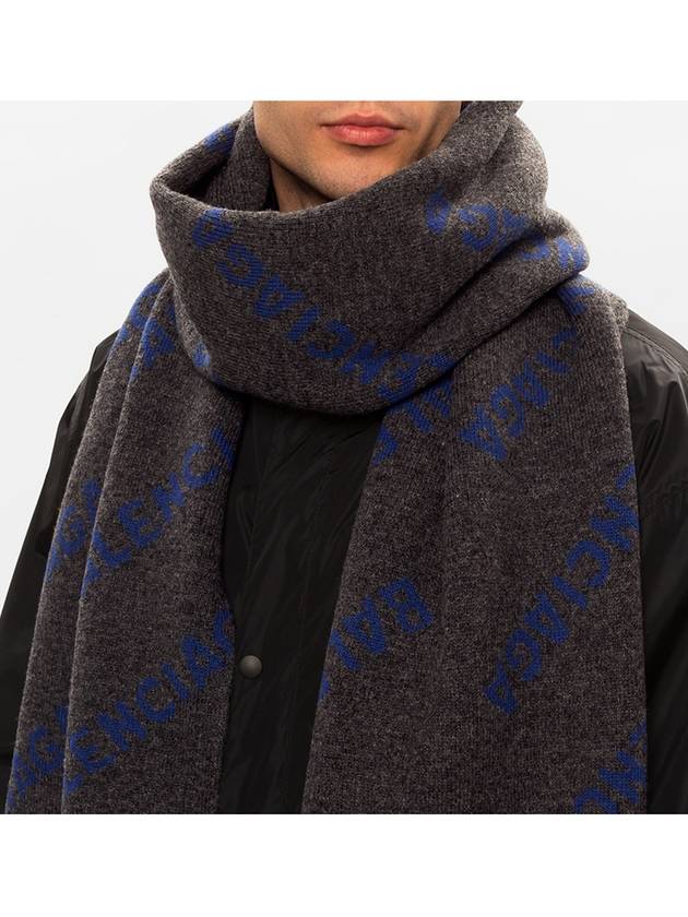 Luxury Balenciaga All Over Logo Wool Muffler Blue Dark Grey