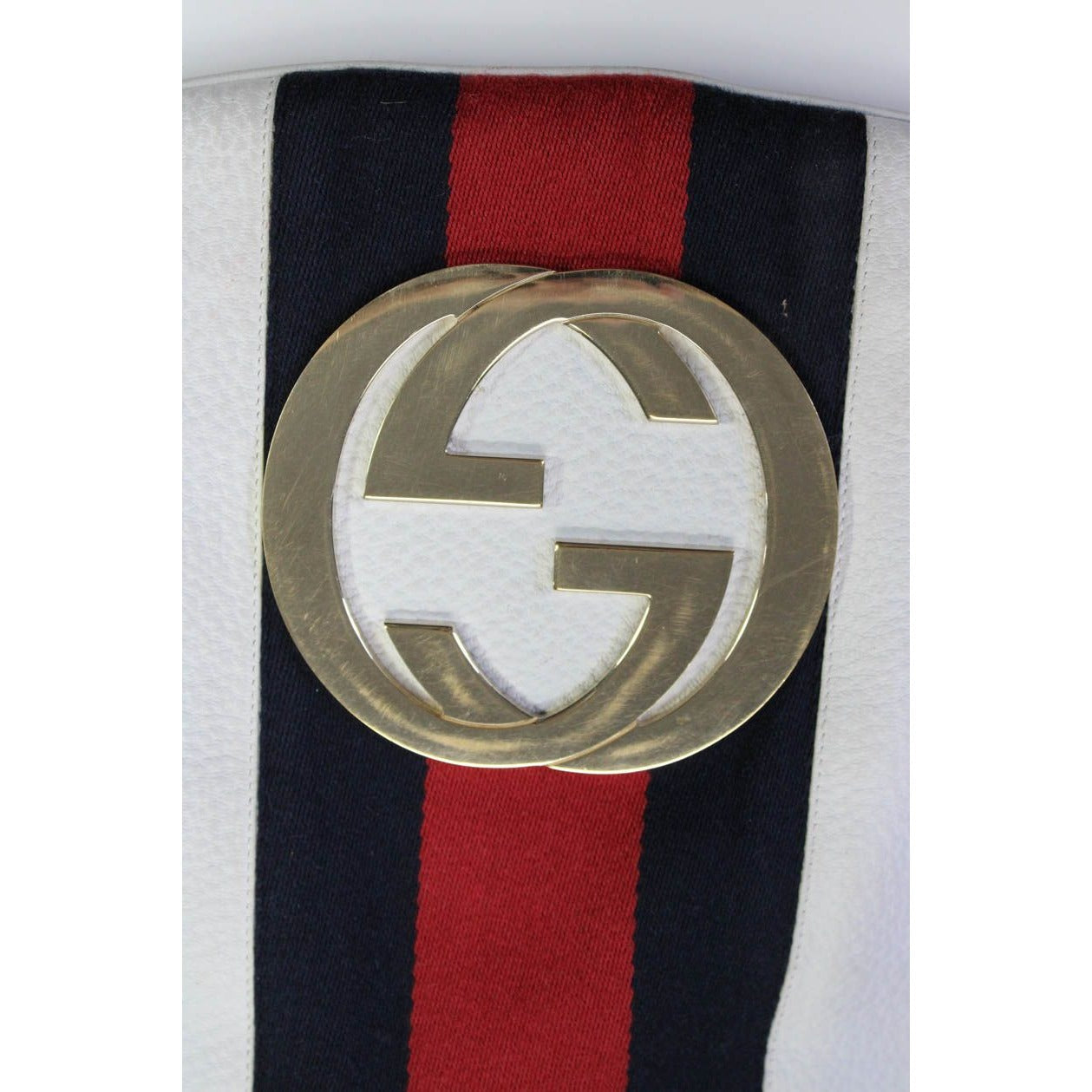RARE, Gucci 'Blondie', white textured leather, hobo bag style, shoulder bag with a wide red and blue Sherry stripe, an XL gold 'GG' emblem