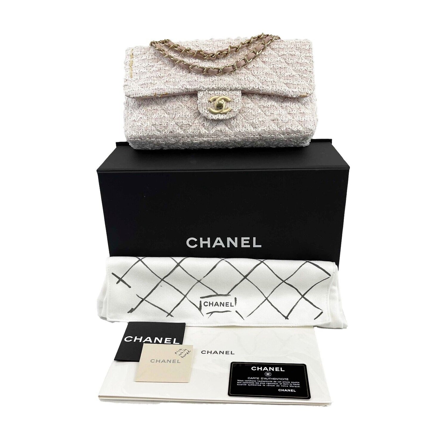 CHANEL Good Classic Double Flap in Medium Tweed Pink Crossbody Bag