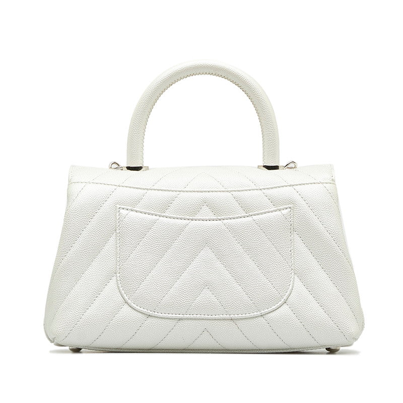 Chanel Chevron V tick Coco Handle HandBag Shoulder Bag 2WAY White Caviar S Chanel
