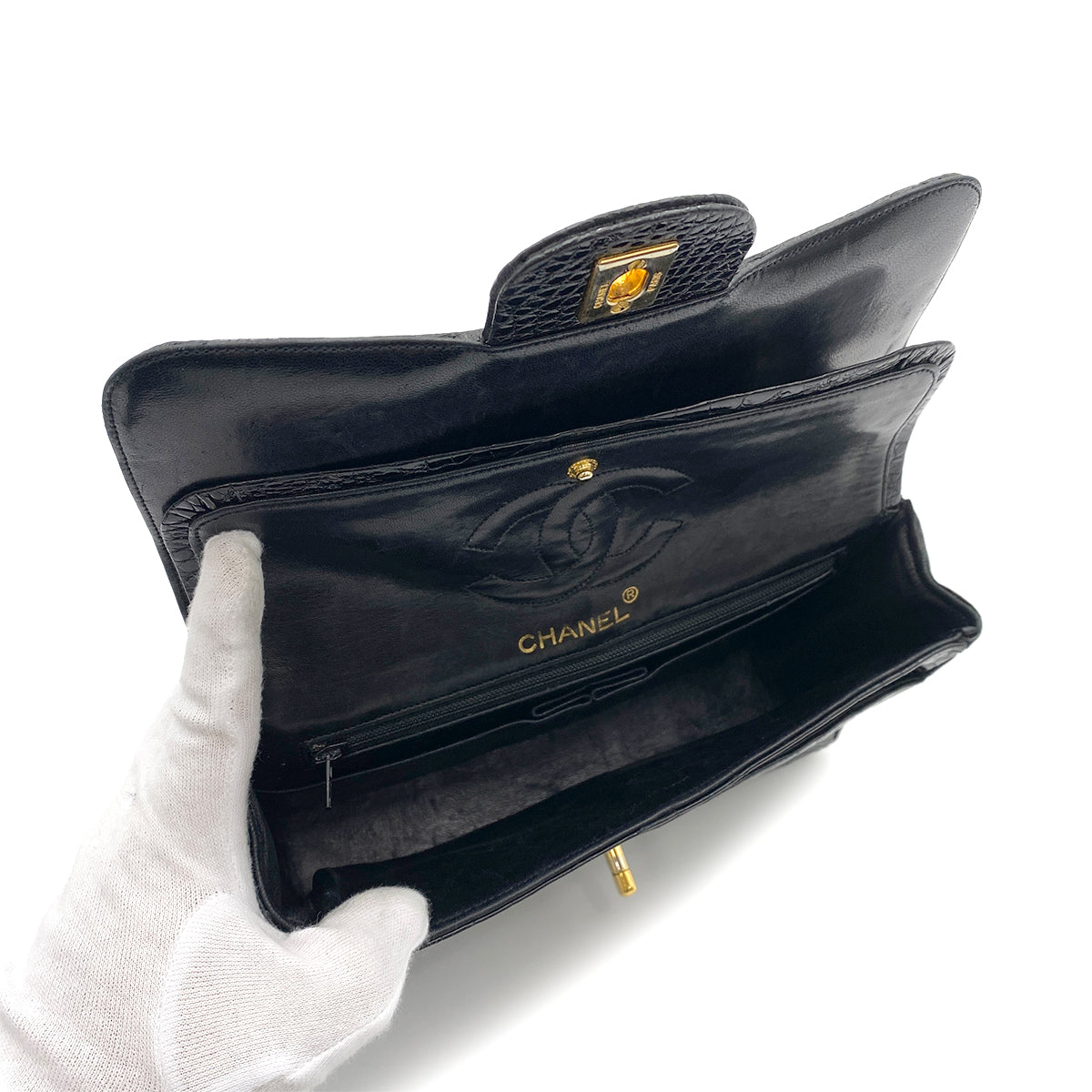 CHANEL VINTAGE CHAIN SHOULDER BAG BLACK CROCODILE 90257292