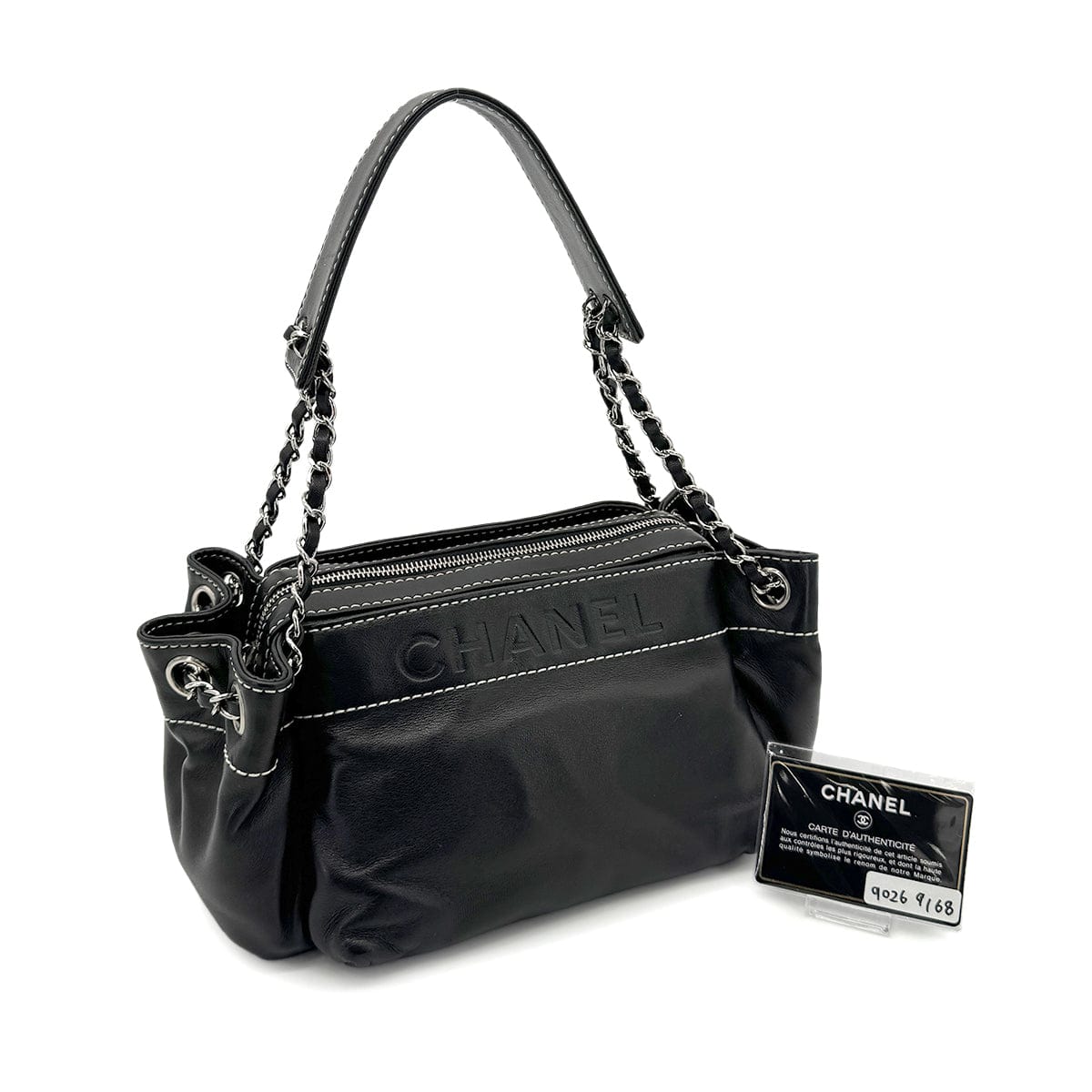 CHANEL VINTAGE LOGO CHAIN SHOULDER BAG BLACK LAMB SKIN 90269168