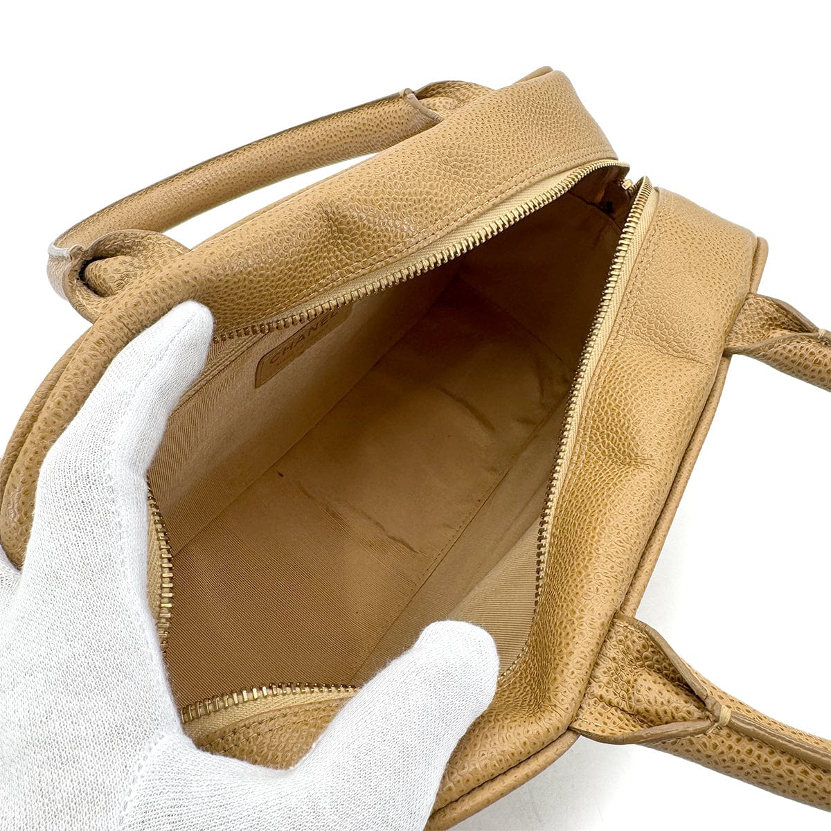CHANEL VINTAGE MINI BOSTON HAND BAG BEIGE CAVIAR SKIN 90272324