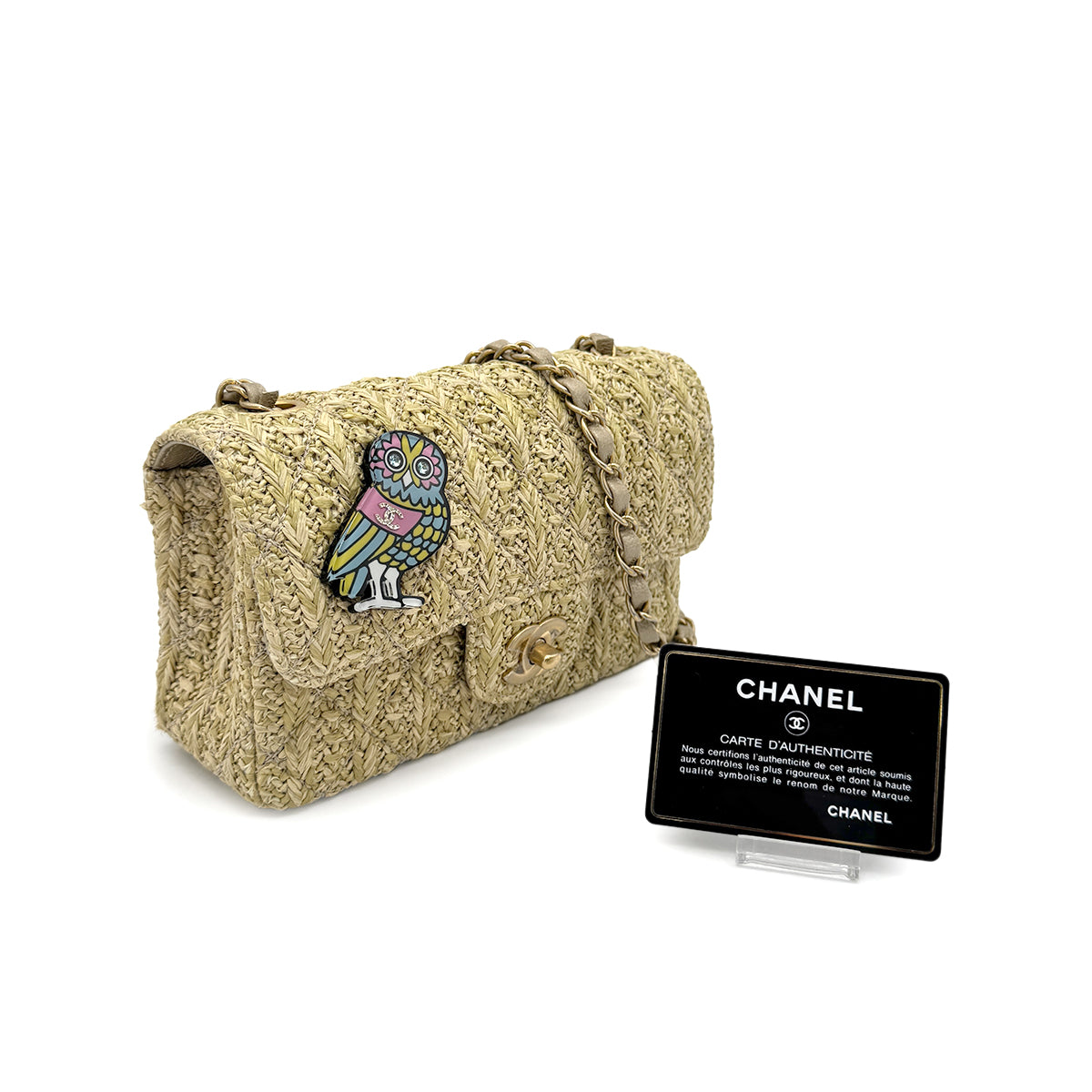 CHANEL MINI MATELASSE OWL CHARM CHAIN SHOULDER BAG BEIGE RAFIA 90275046