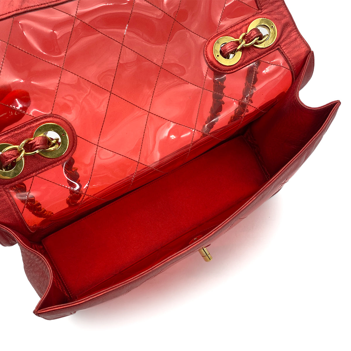 CHANEL VINTAGE BIG COCO CLEAR CHAIN SHOULDER BAG RED VINYL LEATHER 90277070