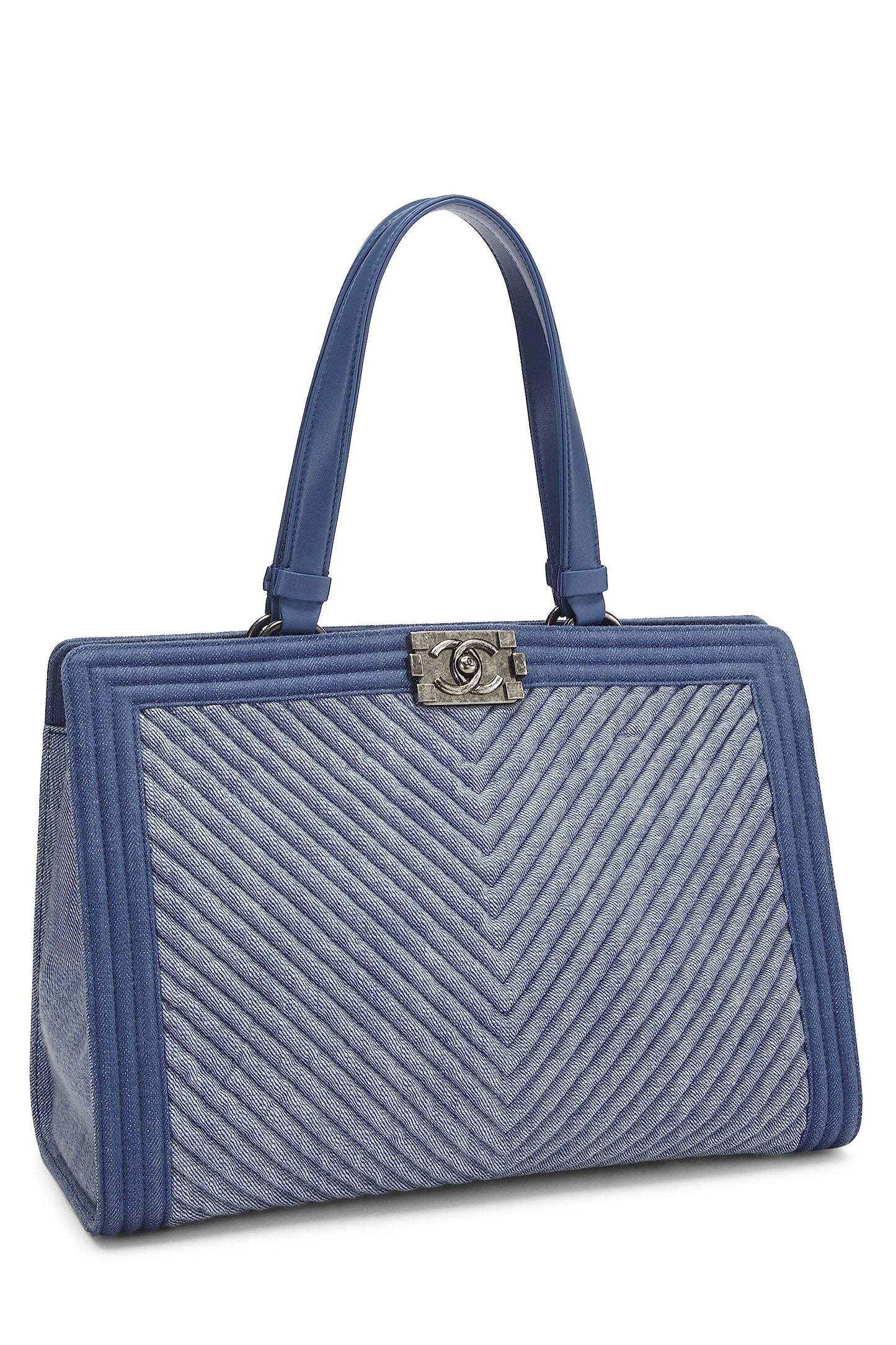 Chanel, Blue Denim Chevron Boy Shopping Tote Large, Blue