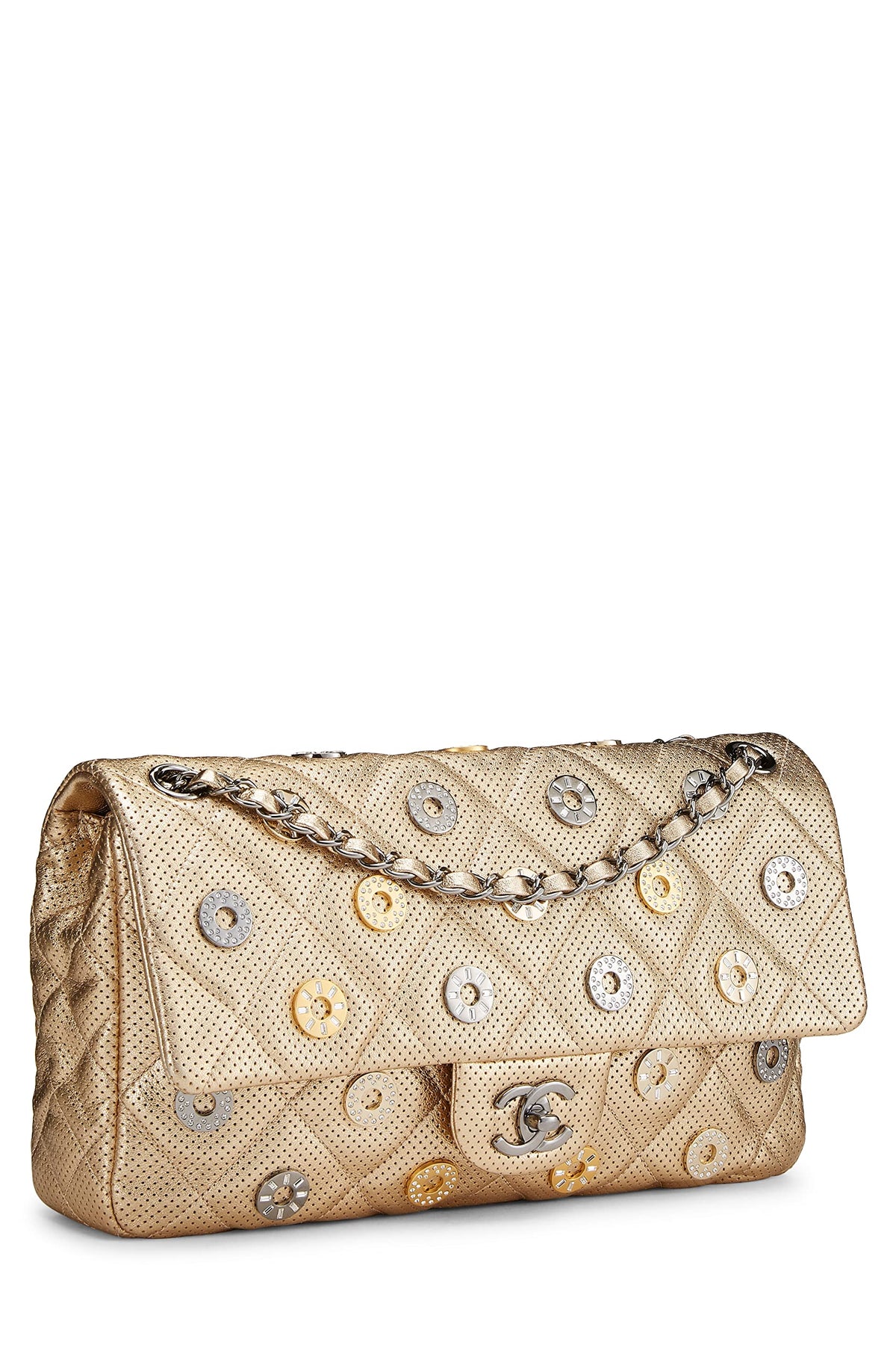 Chanel, Paris-Dubai Gold Perforated Leather Medals Flap Jumbo, Gold