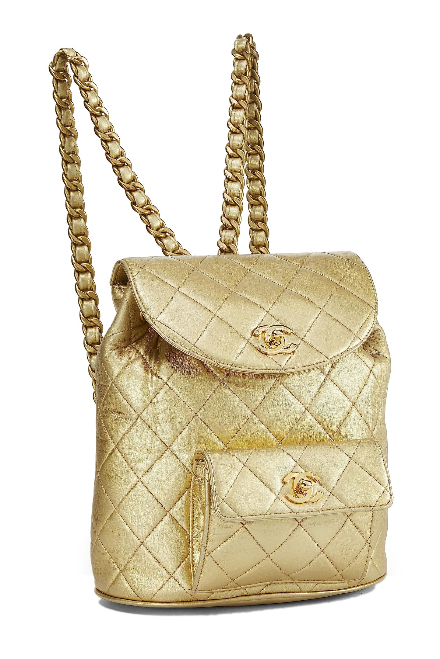 Chanel, Metallic Gold Quilted Leather Classic Backpack Mini, Gold