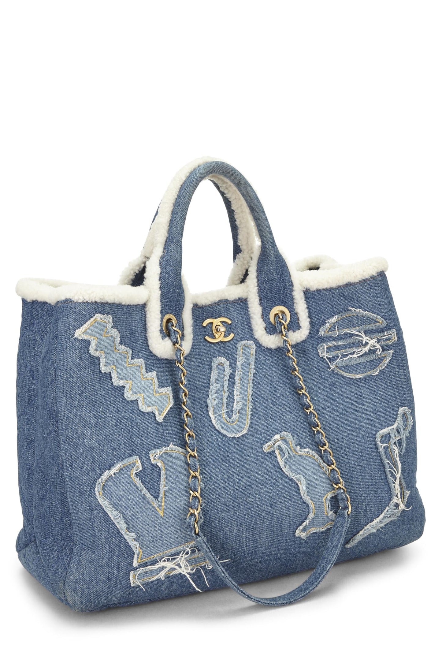 Chanel, Paris-Egypt Blue Denim & Shearling Hieroglyph Shopping Tote, Blue