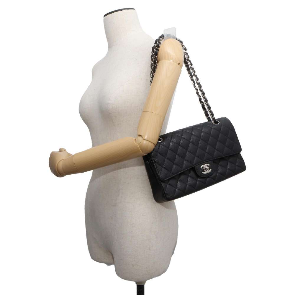 CHANEL Matelasse Double Chain Double Flap Shoulder Bag Black A01112 Caviar Leather Size 25