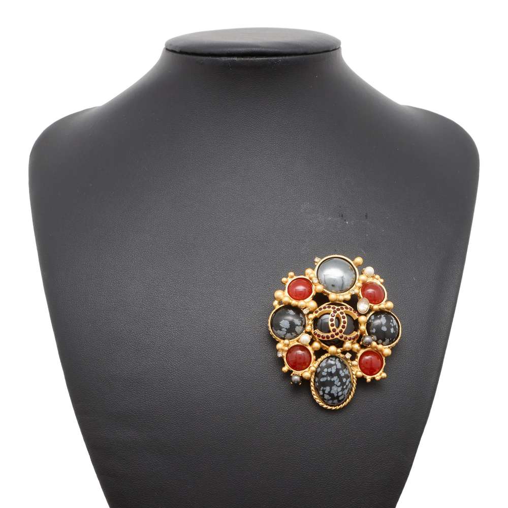 CHANEL CC Logo Color Stone Brooch Gold/Black/Red Metal