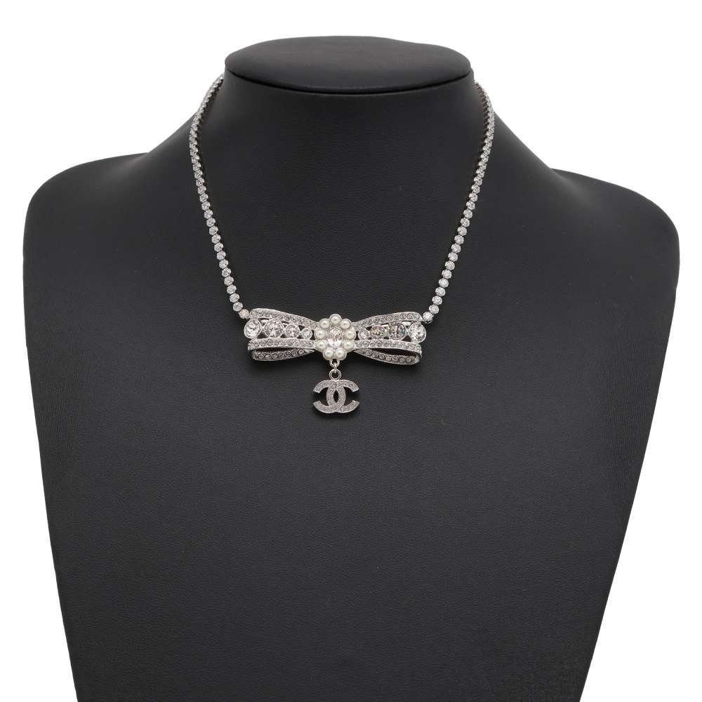 CHANEL CC Logo Ribbon Motif Necklace ABB038 Metal Faux Pearl Rhinestone