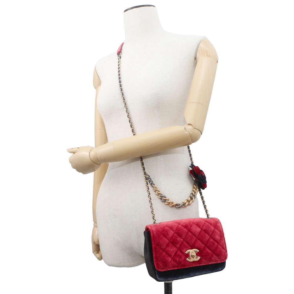 CHANEL Matelasse Camellia Shoulder Bag Red/Navy/Black Velour Size Mini