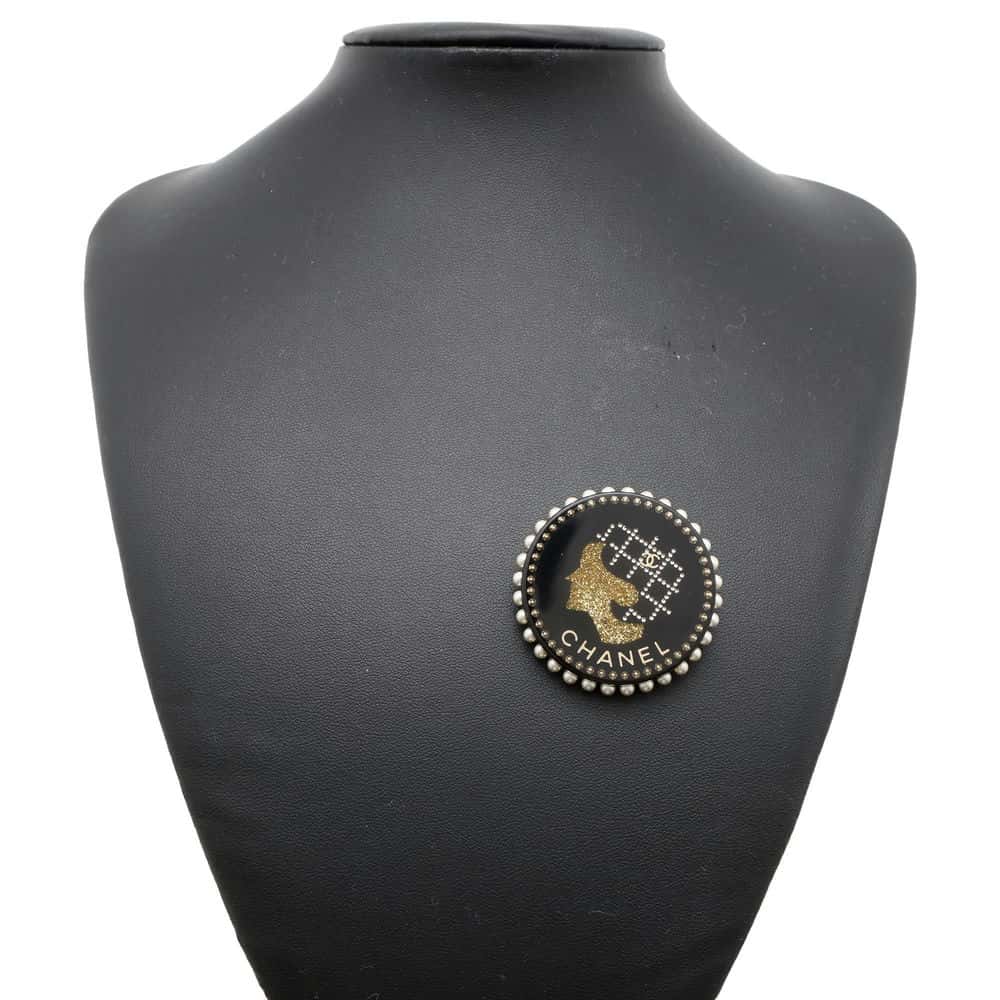 CHANEL CHANEL Round Pearl Brooch Black Plastic Faux Pearl Rhinestone