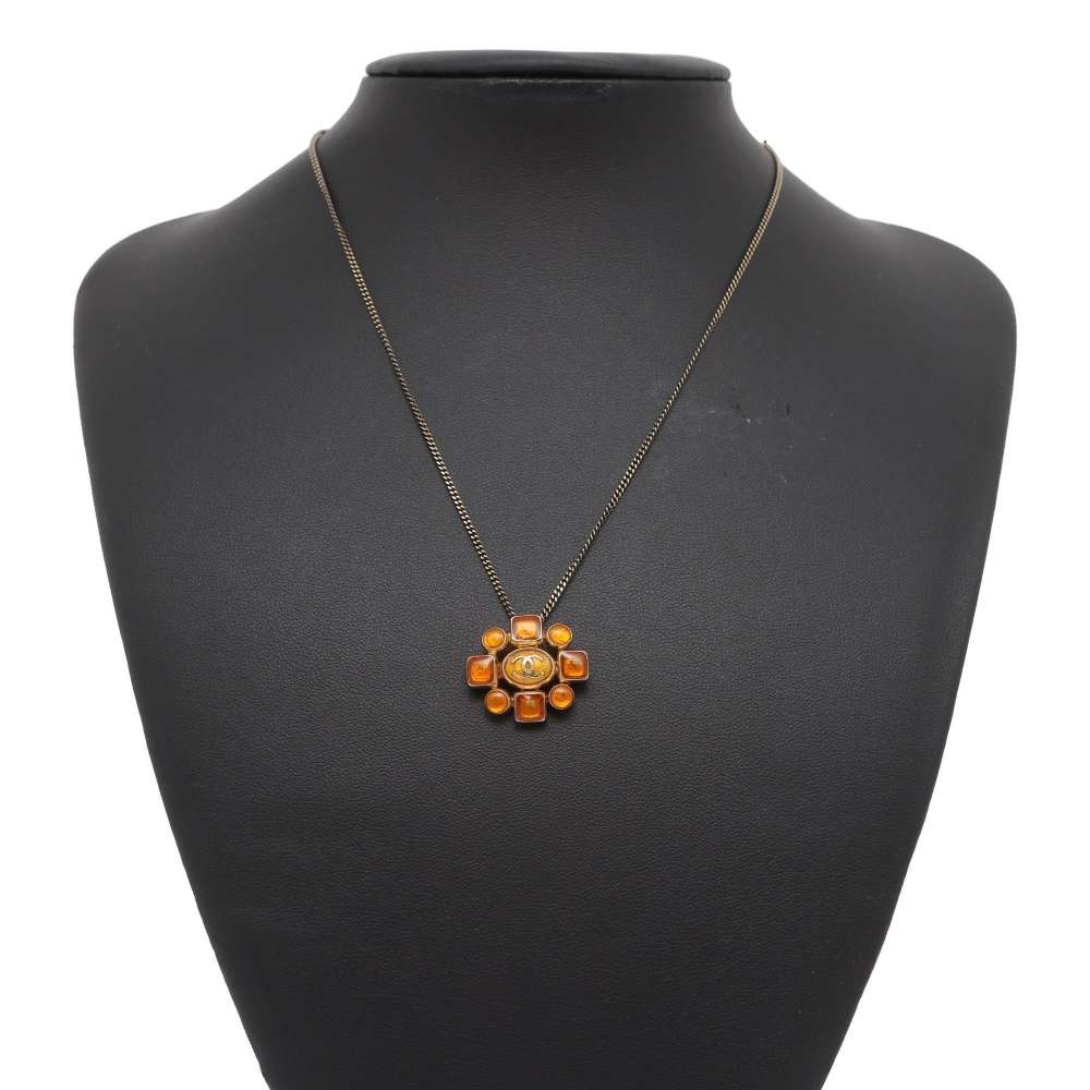 CHANEL CC Logo Clypore Necklace Orange/Silver Metal