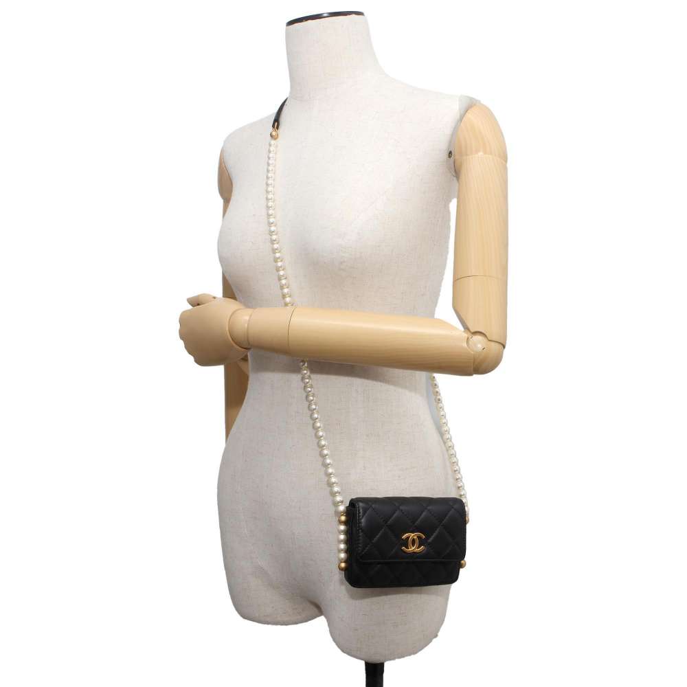 CHANEL Faux Pearl Mini Shoulder Bag Black Lambskin