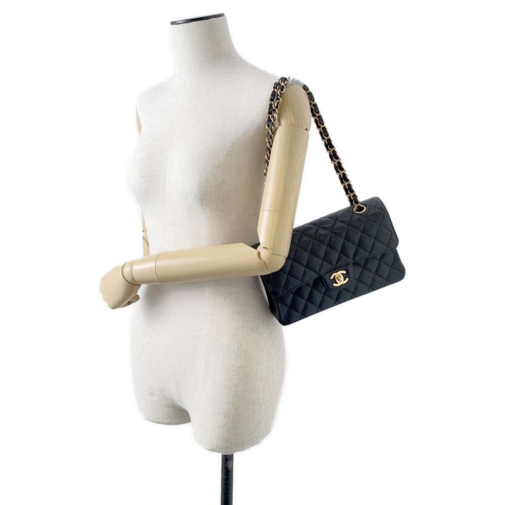 CHANEL Matelasse W Flap ChainShoulder Bag Black A01113 Caviar Leather Size 23