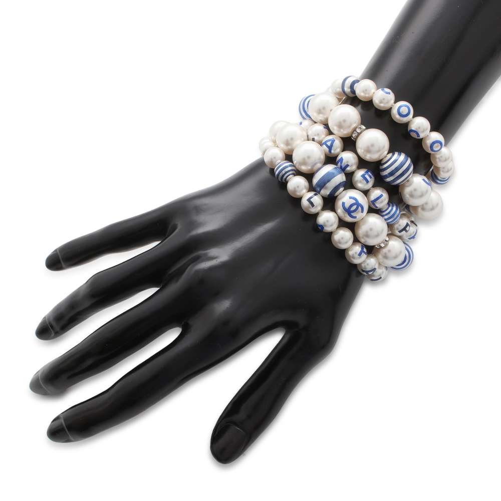 CHANEL Faux Pearl 5 Row Bracelet Champagne Gold Metal