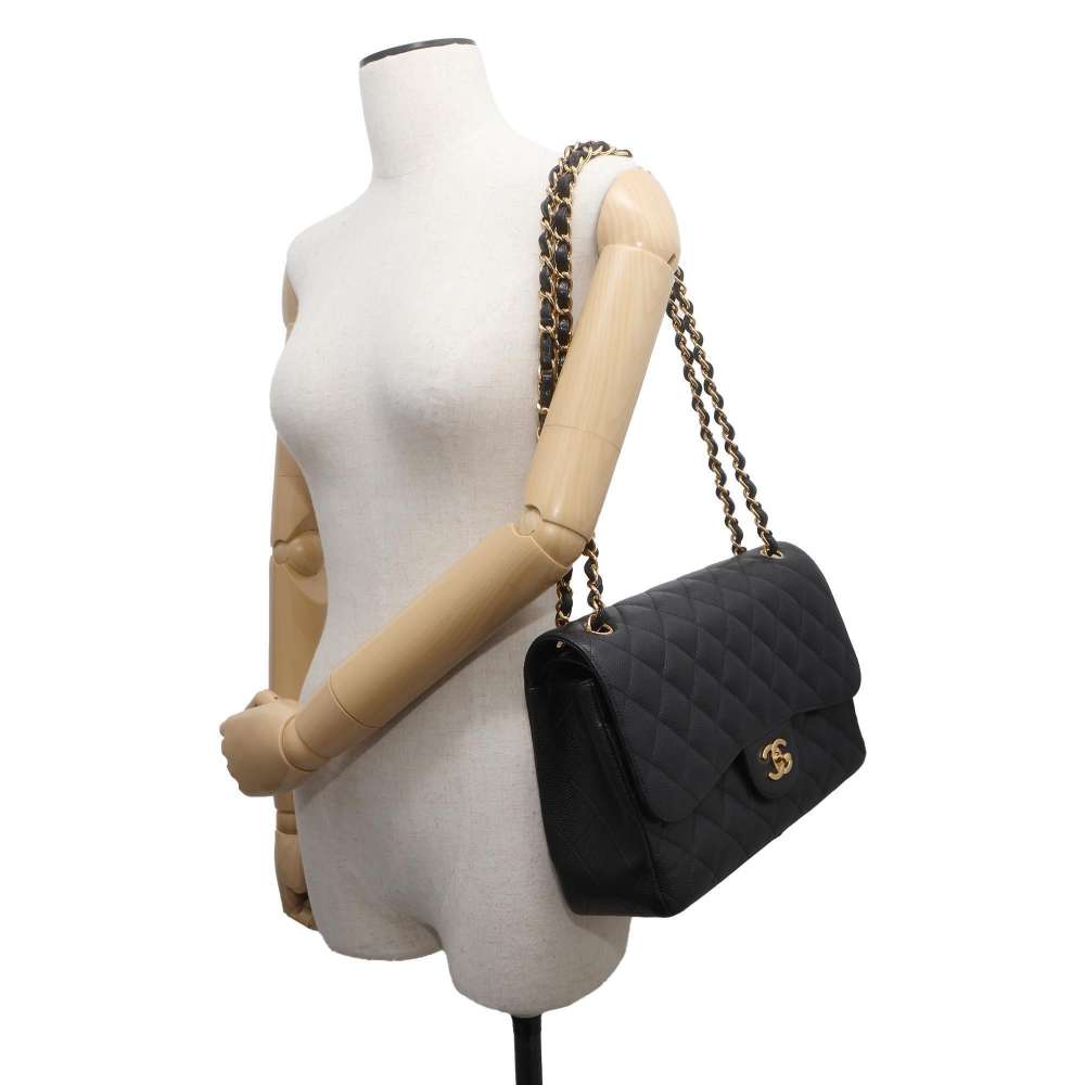 CHANEL Matelasse W Flap ChainShoulder Bag Black A58600 Caviar Leather Size 30