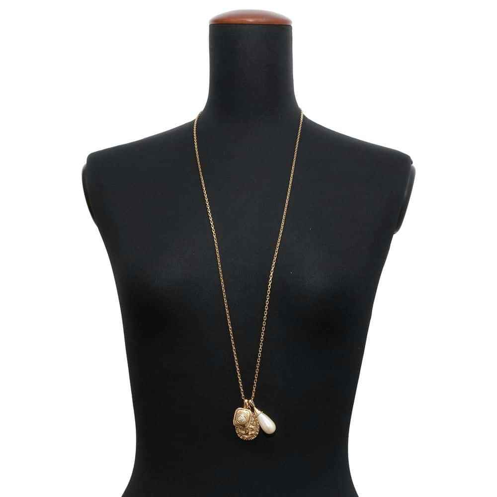 CHANEL Faux Pearl Long Necklace Gold Metal