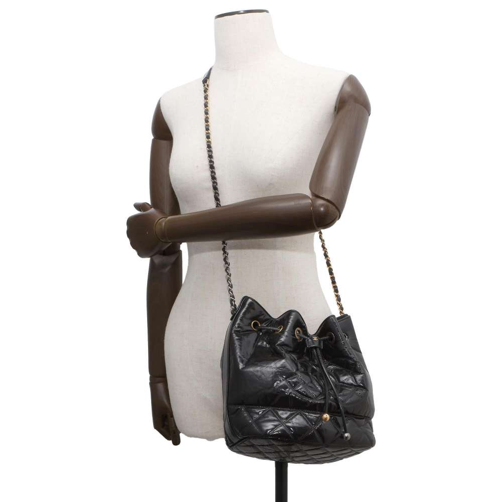CHANEL CC Logo Drawstring BagChainShoulder Bag Black AS1877 Shiny Aged Calf Leather