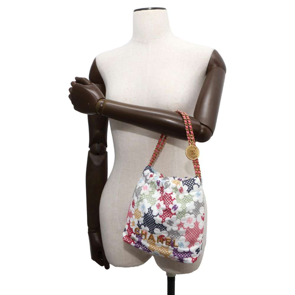 CHANEL CHANEL22 Lace Patchwork Chain Handbag Multicolor AS3980 Fabric Size Mini
