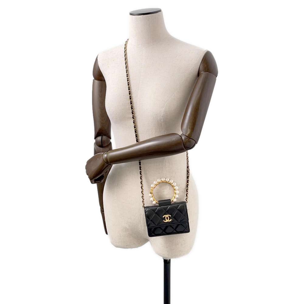 CHANEL Faux Pearl Handle Chain Shoulder Bag Black AP2274 Lambskin