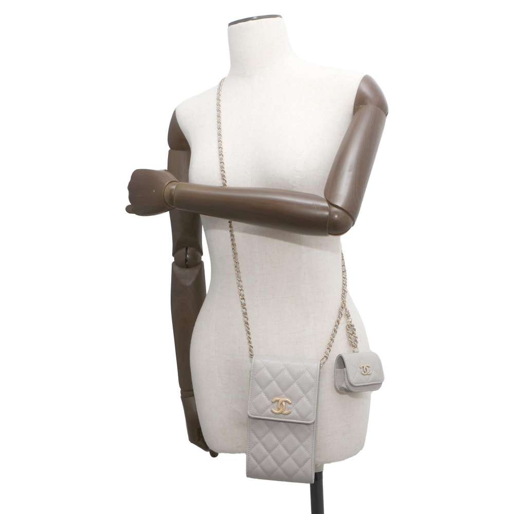 CHANEL Matelasse Smartphone & Airpods PROCase ChainShoulder Gray AP2970 Caviar Leather
