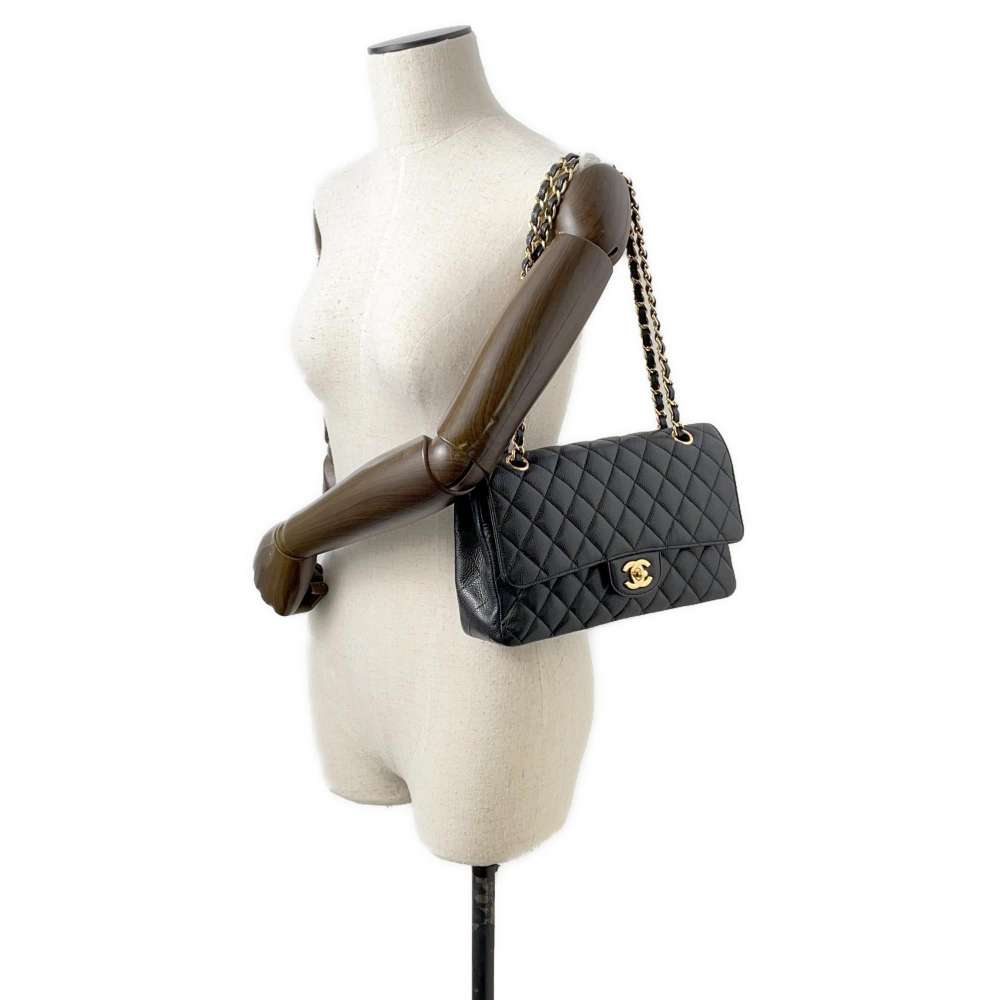 CHANEL Matelasse W Flap ChainShoulder Bag Black A01112 Caviar Leather Size 25