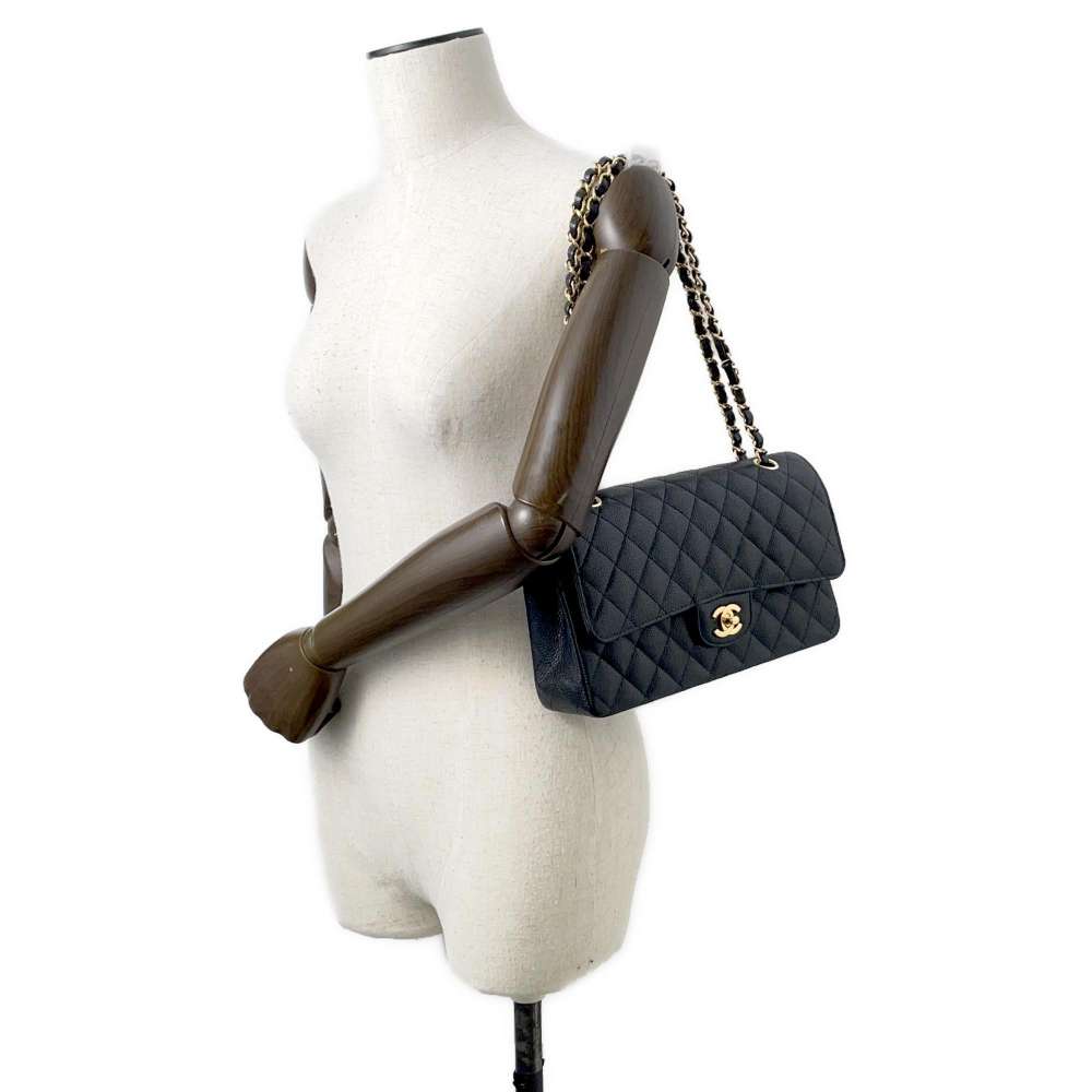 CHANEL Matelasse W Flap ChainShoulder Bag Black A01112 Caviar Leather Size 25