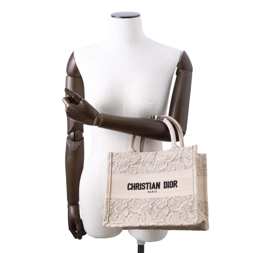 Dior Book Tote Lace Beige/Black M1265ZSEL Canvas Size Small