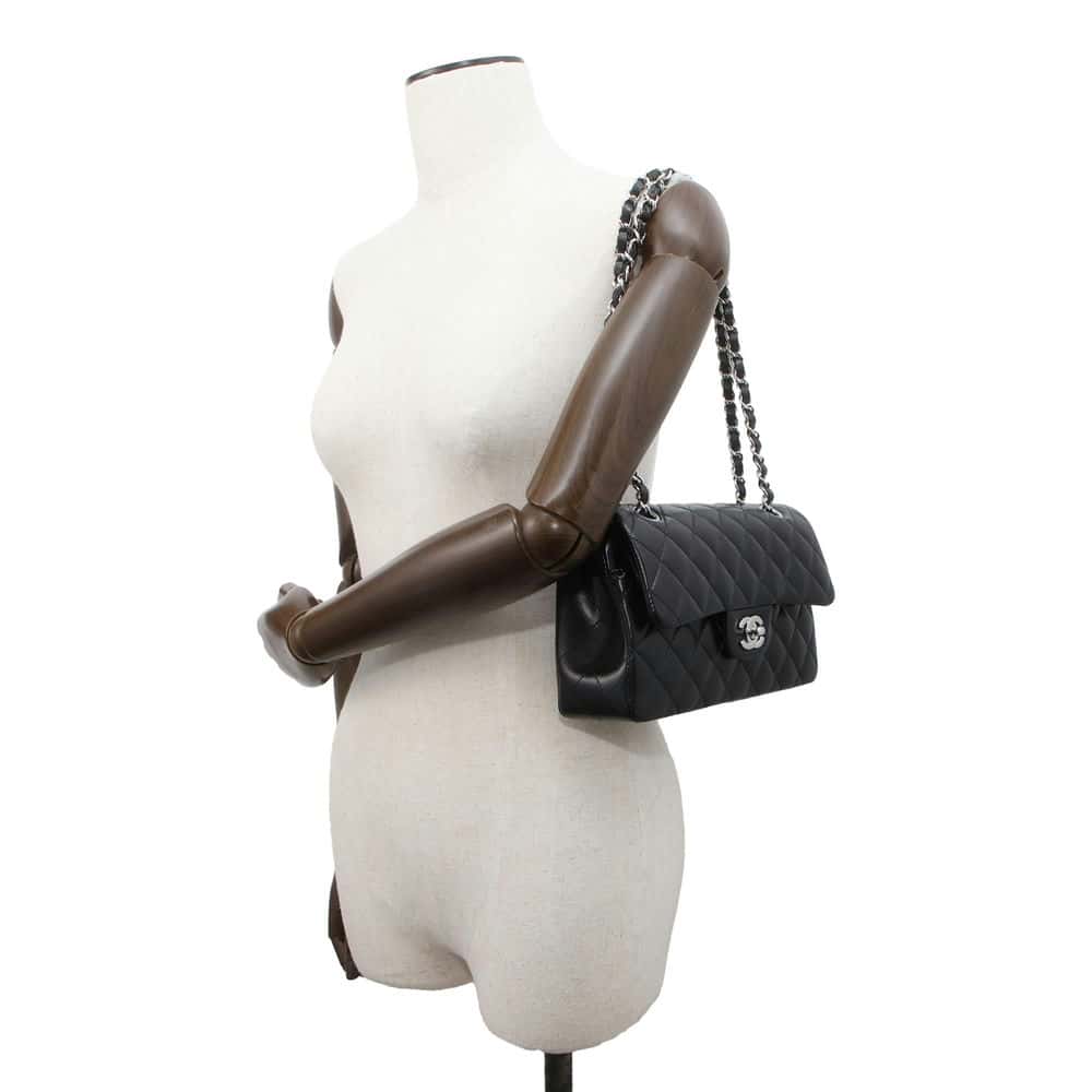 CHANEL Matelasse W Flap ChainShoulder Bag Black A01113 Lambskin Size 23
