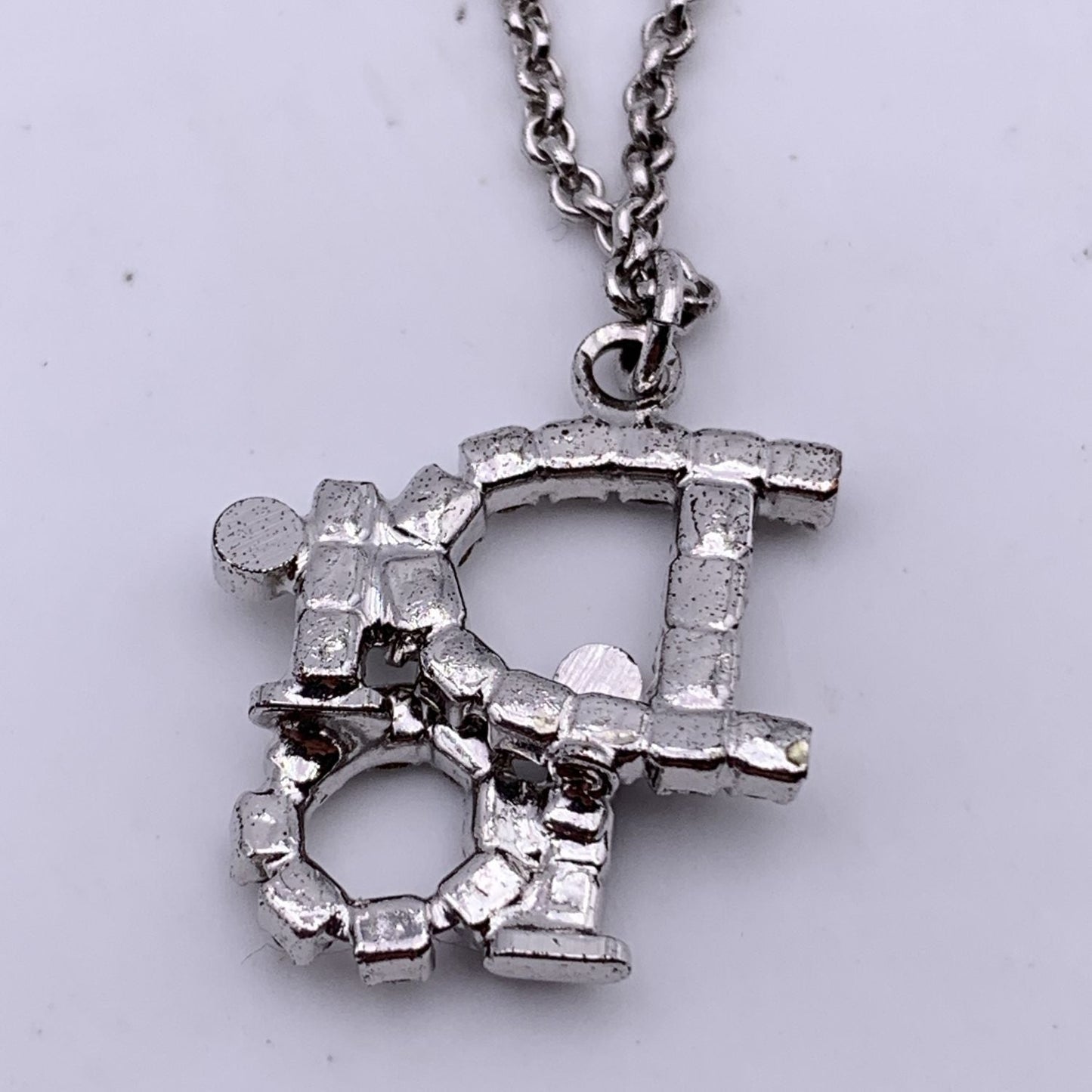 CHRISTIAN DIOR Silver Metal Crystals Oblique Logo Necklace