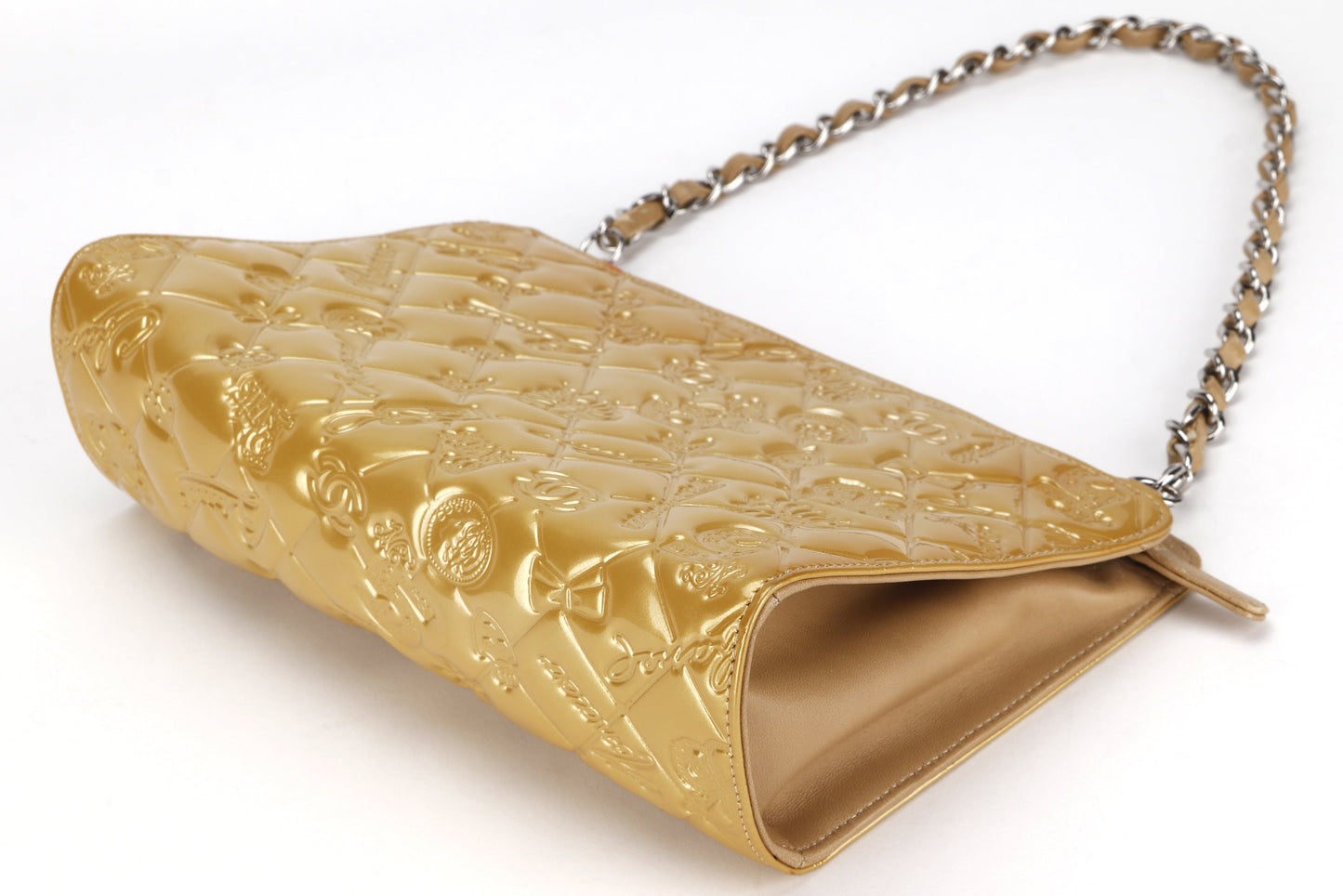 CHANEL EMBOSSED GOLD PATENT LUCKY SYMBOLS BAG (1335xxxx) SILVER HARDWARE, NO , DUST COVER & BOX