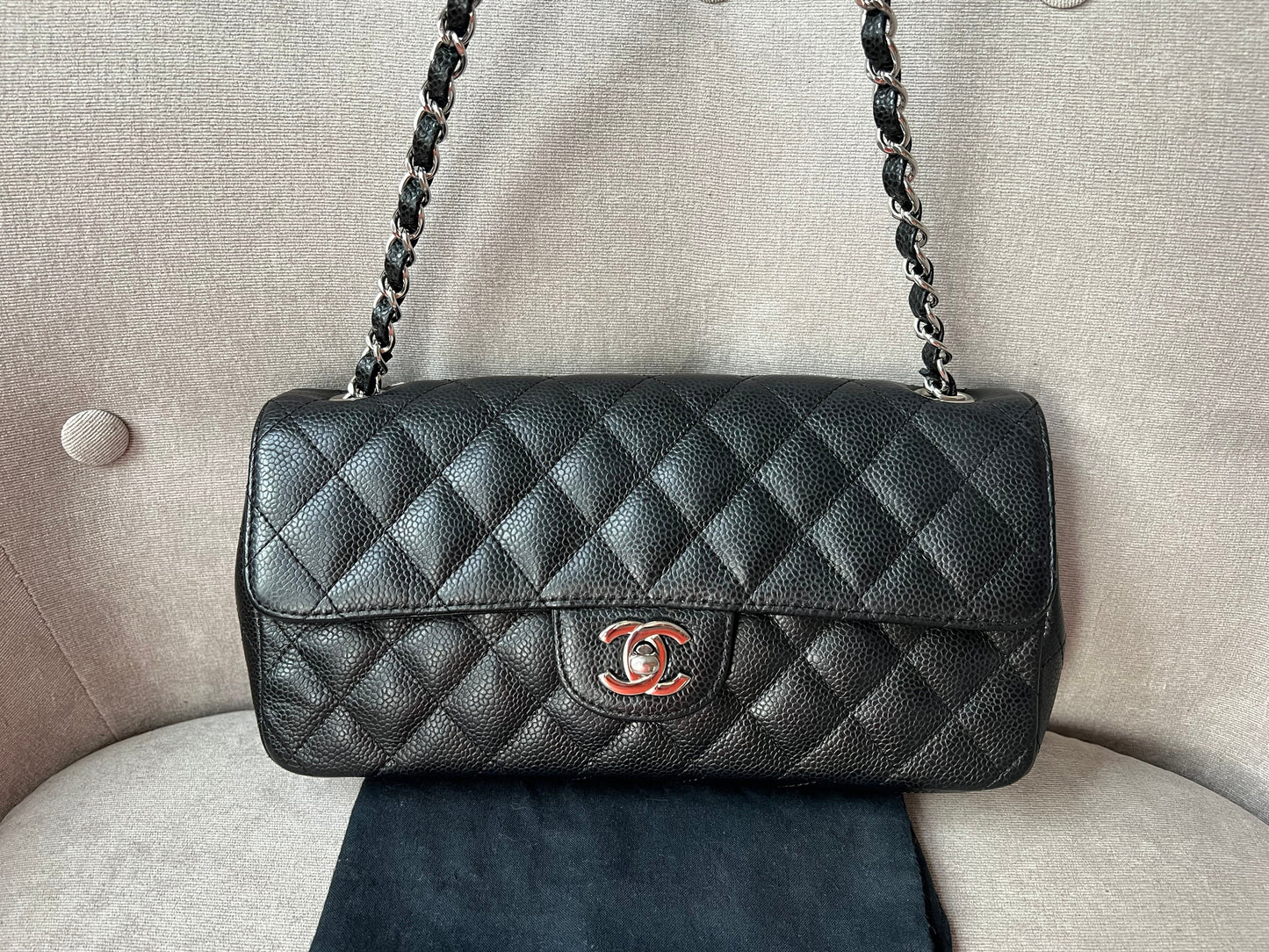 Chanel East West Flap in Black Caviar Silver Hardware