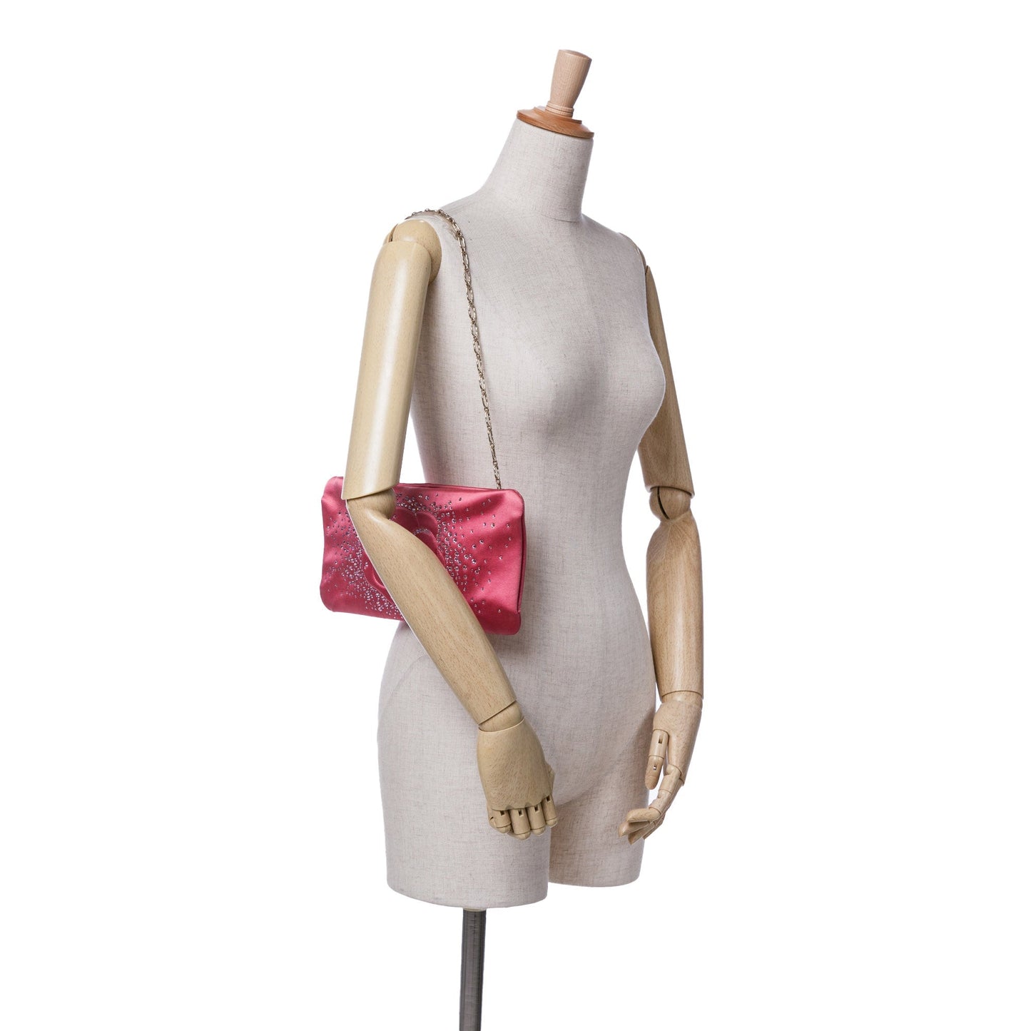 Pink Chanel Satin Diamante Camellia Clutch with Chain Shoulder Bag