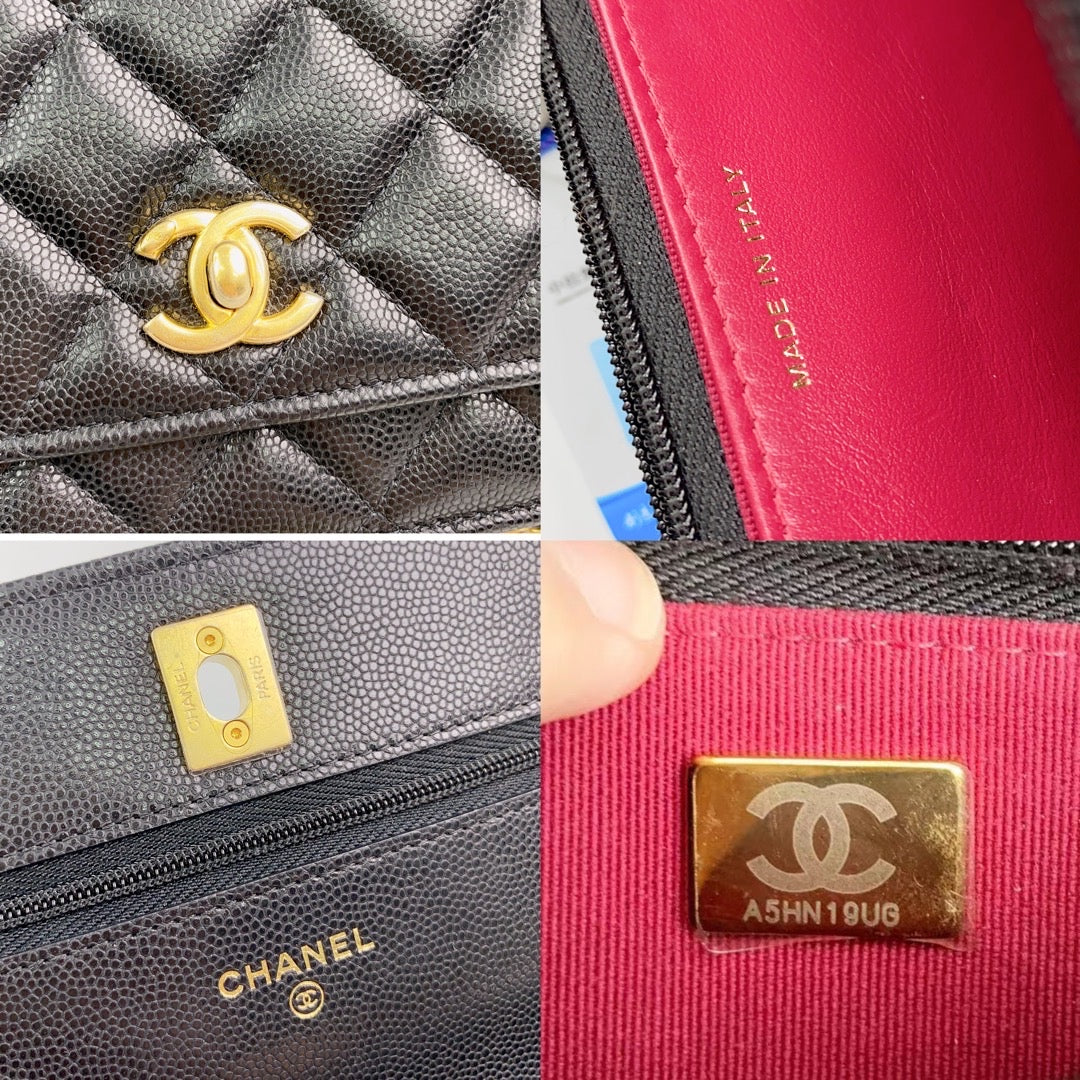 Rank A| CHANEL Matelasse Caviar Skin COCO Mark Coins Chain Wallet Black Gold Hardware |2302239