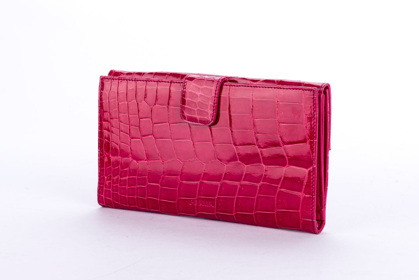 (Exotic) Prada Fuchsia Croc Leather Wallet (1M1133) with Card & Box