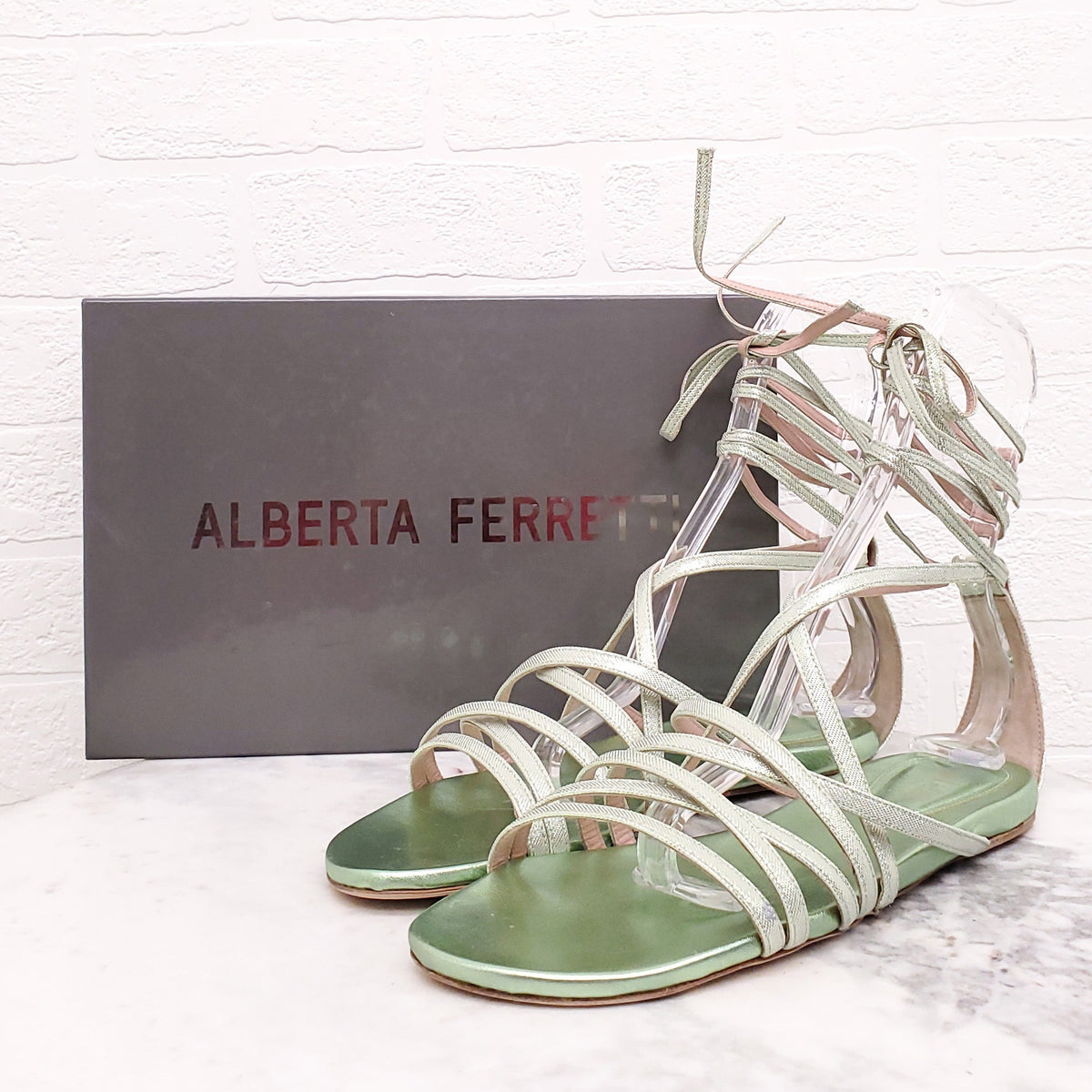 ALBERTA FERRETTI METALLIC GREEN STRAPPY SANDALS - SIZE 41