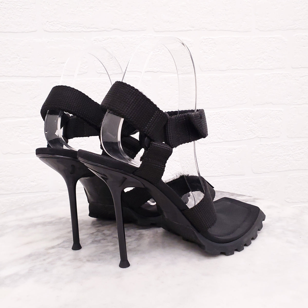 ALEXANDER WANG BLACK 'JULIE SPORT THONG' NYLON LOGO HEELS - SIZE 38