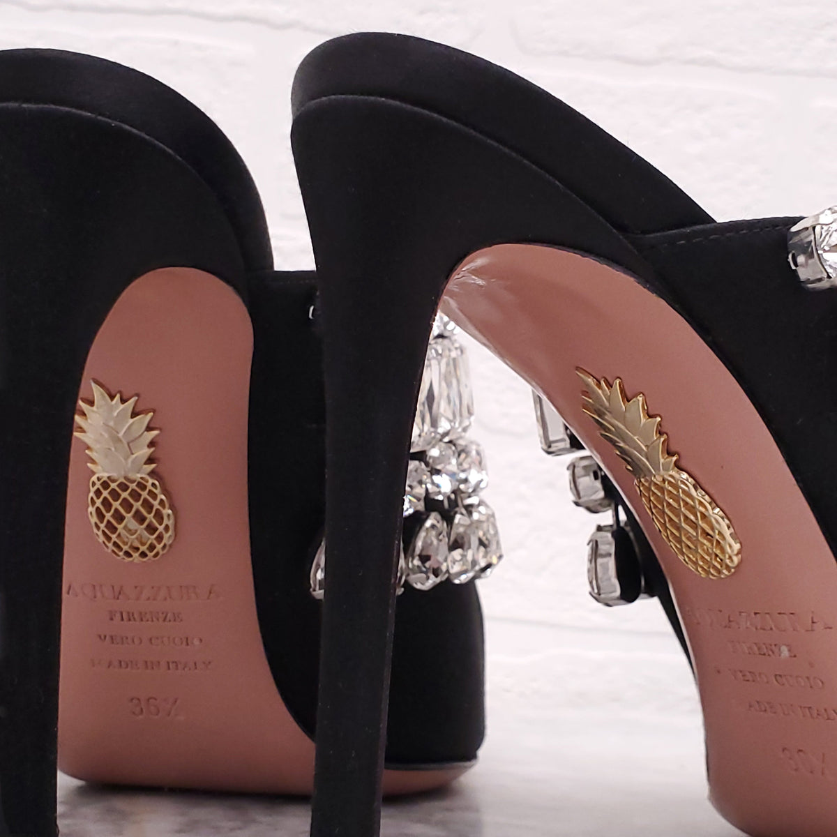 AQUAZZURA BLACK SATIN MULES WITH CRYSTALS - SIZE 36.5