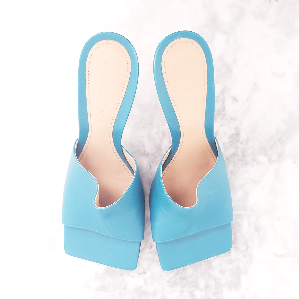 BOTTEGA VENETA TURQUOISE STRETCH SQUARE TOE SANDALS - SIZE 36