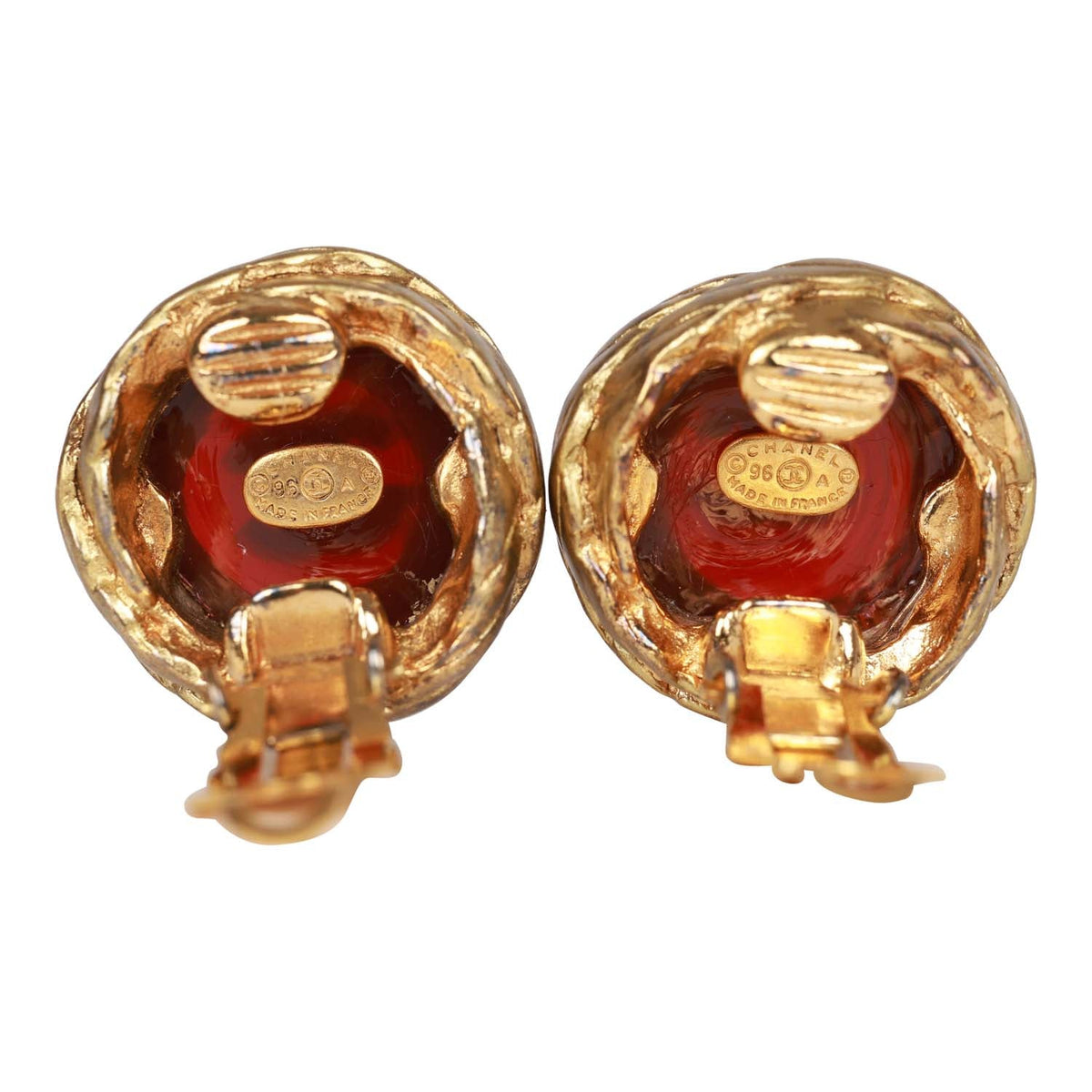 Vintage Chanel 24K Gold Plated CC Red Gripoix Stud Earrings