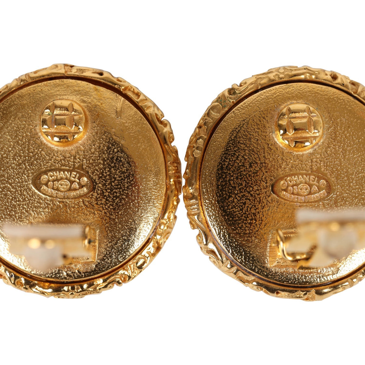 Vintage Chanel 24K Gold Plated Lava CC and Faux Pearl Earrings